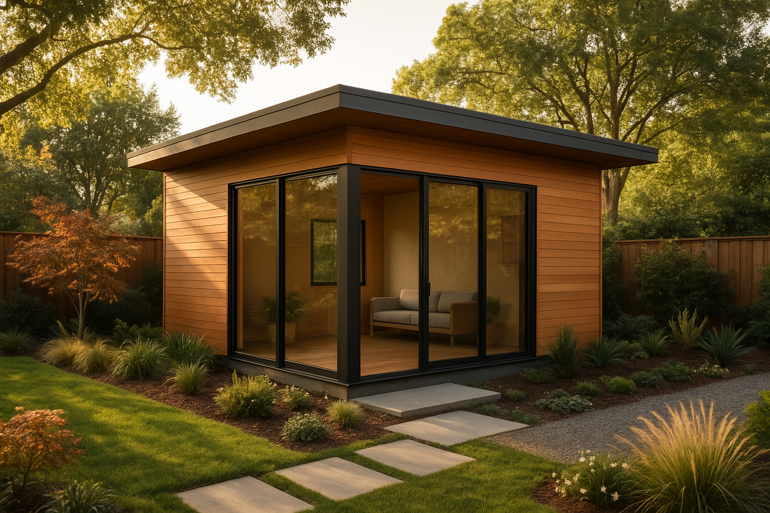Detached accessory dwelling unit home with wood siding in a Southern California backyard