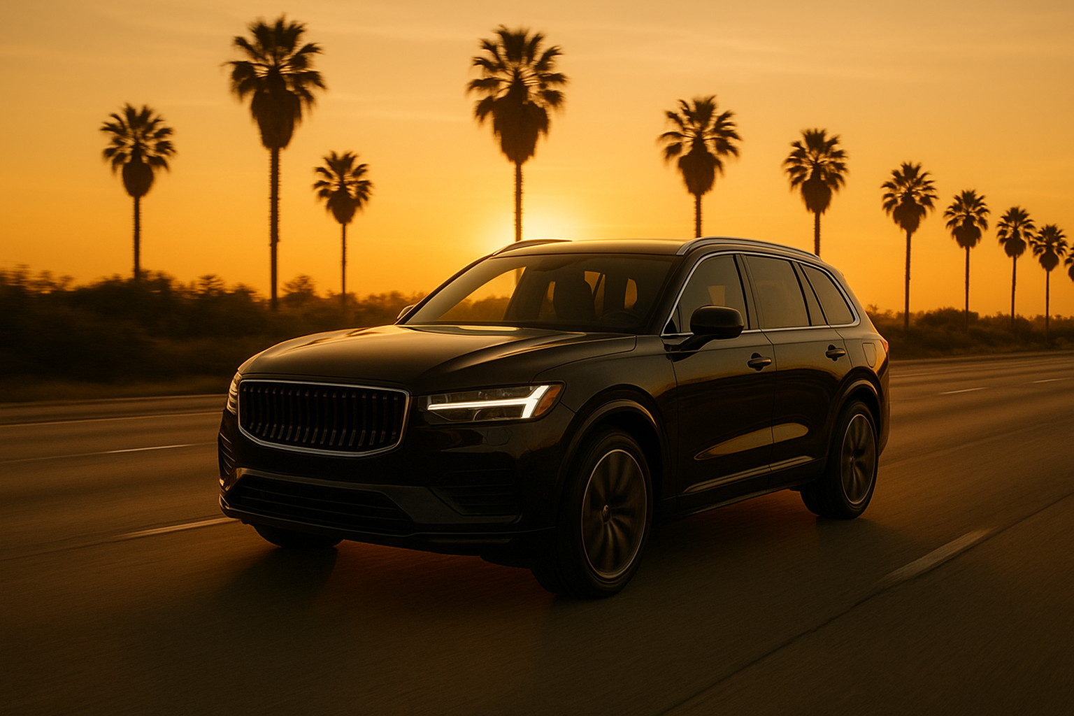 Executive SUV driving the San Diego to Riverside route during golden hour