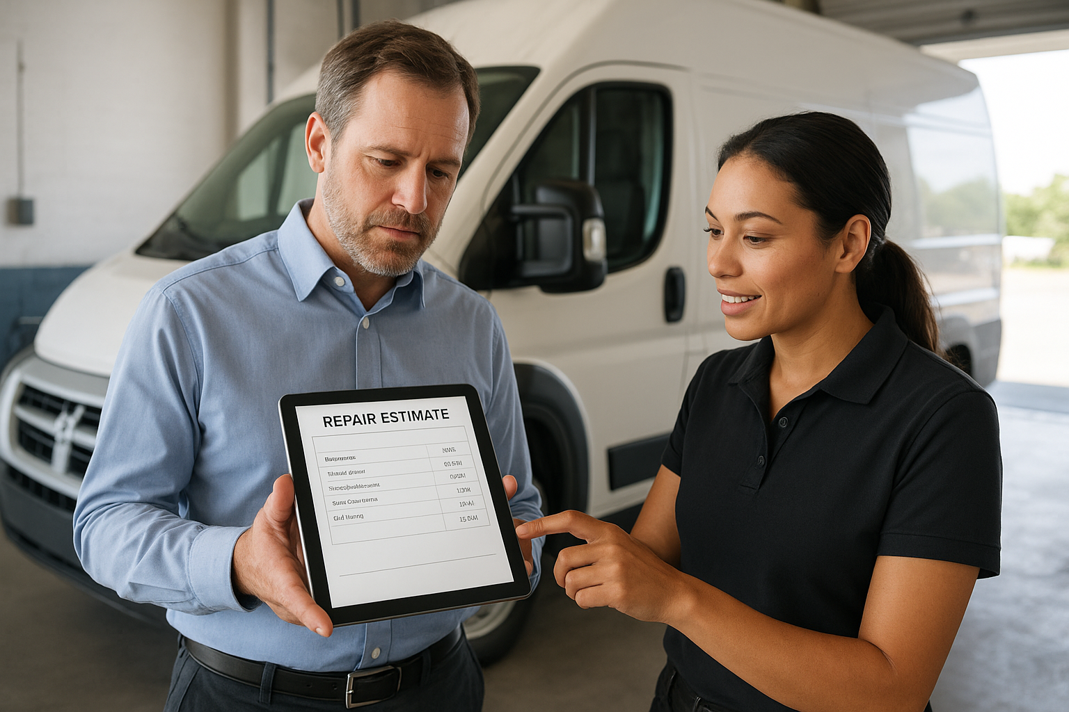 Fleet manager reviewing repair estimate with shop advisor for commercial vehicle