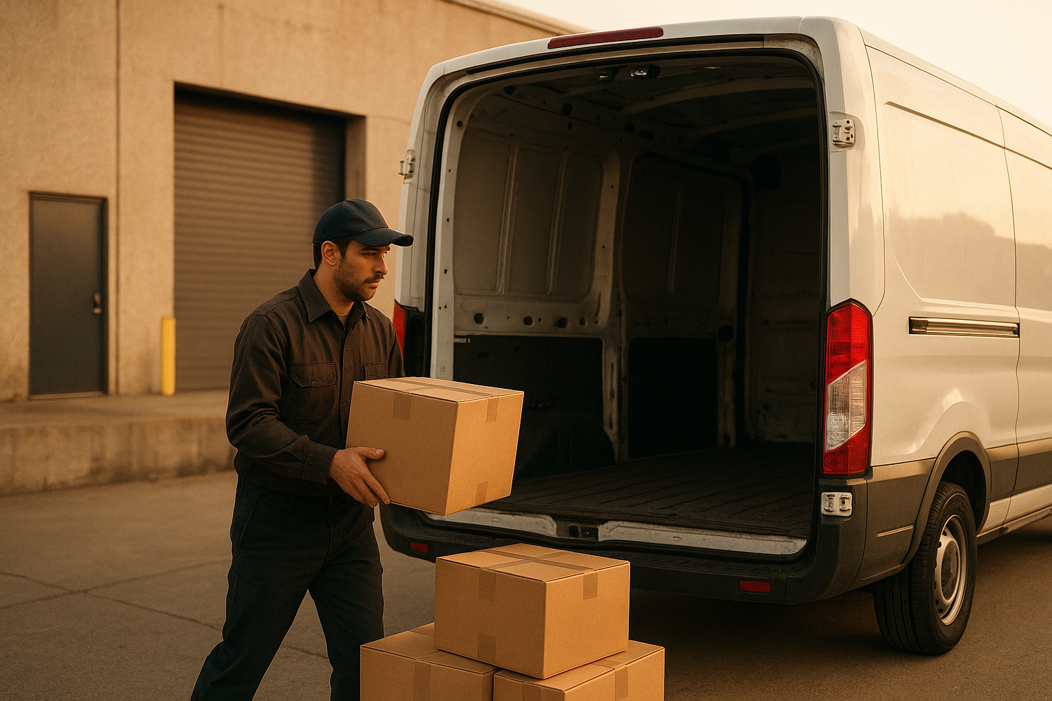 Delivery driver jobs shown through a driver loading a cargo van at a warehouse dock