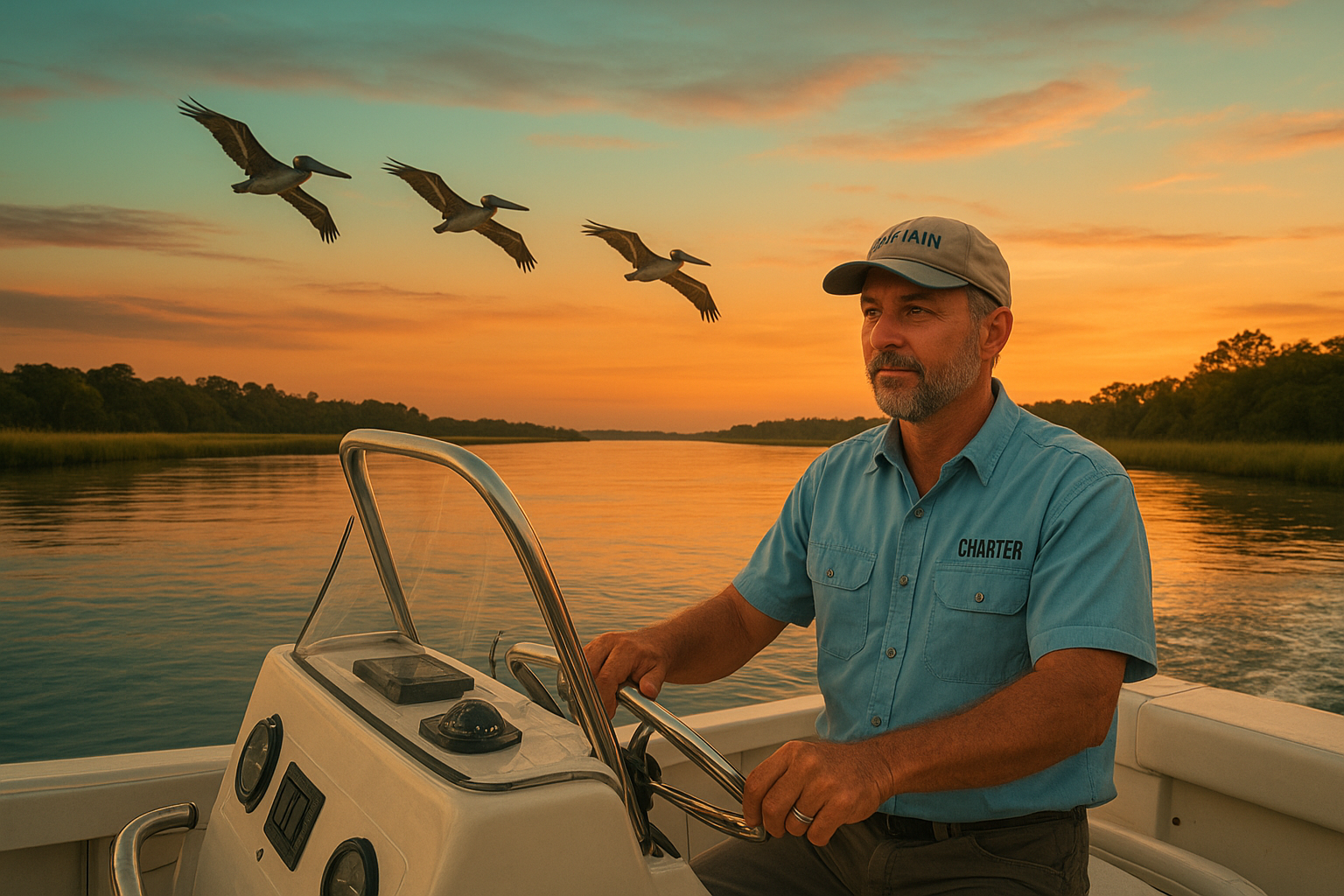 Charter captain steering through the Intracoastal Waterway with pelicans flying overhead near North Myrtle Beach