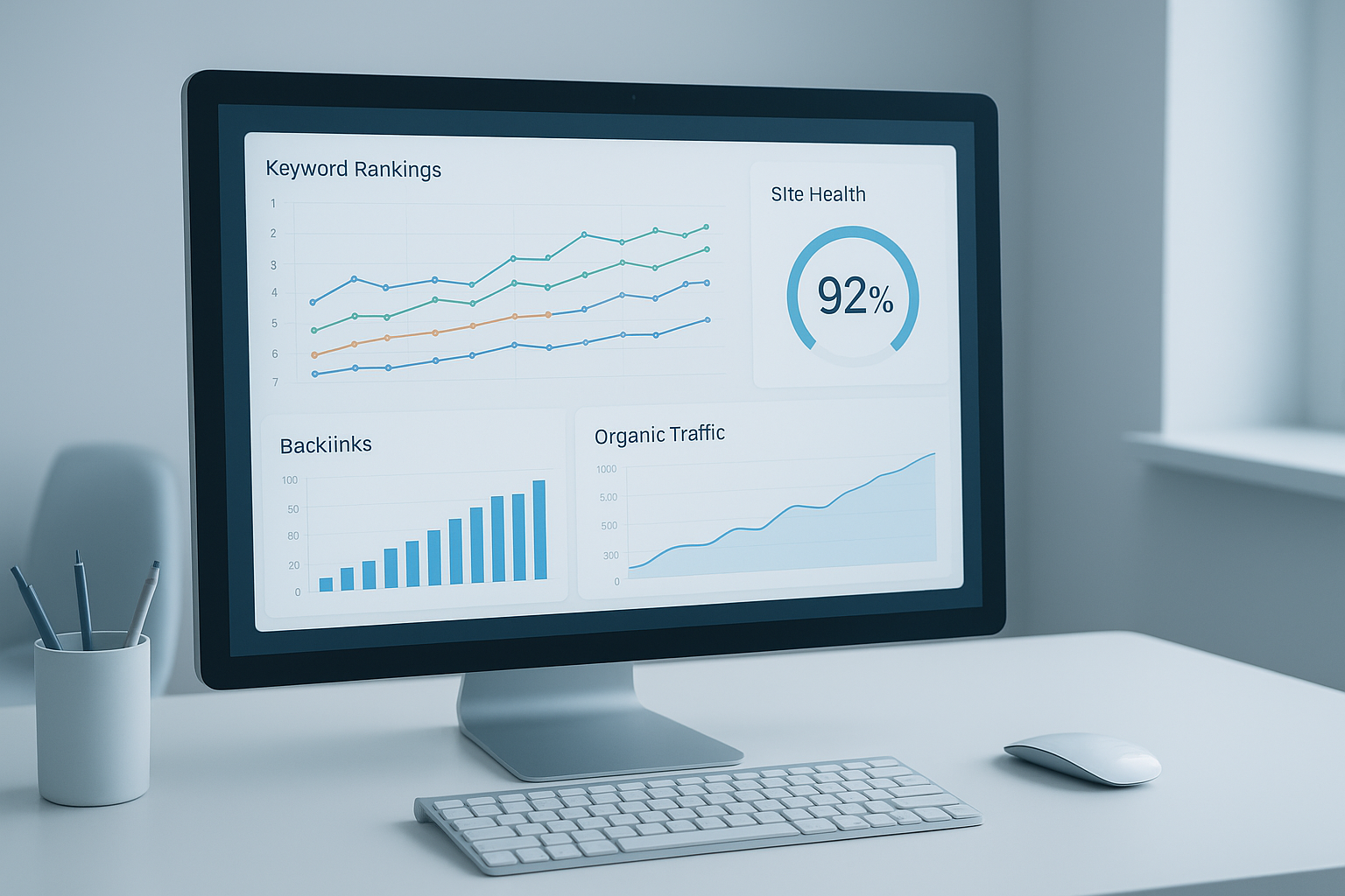 Search engine optimization tools dashboard displaying keyword rankings and site health metrics