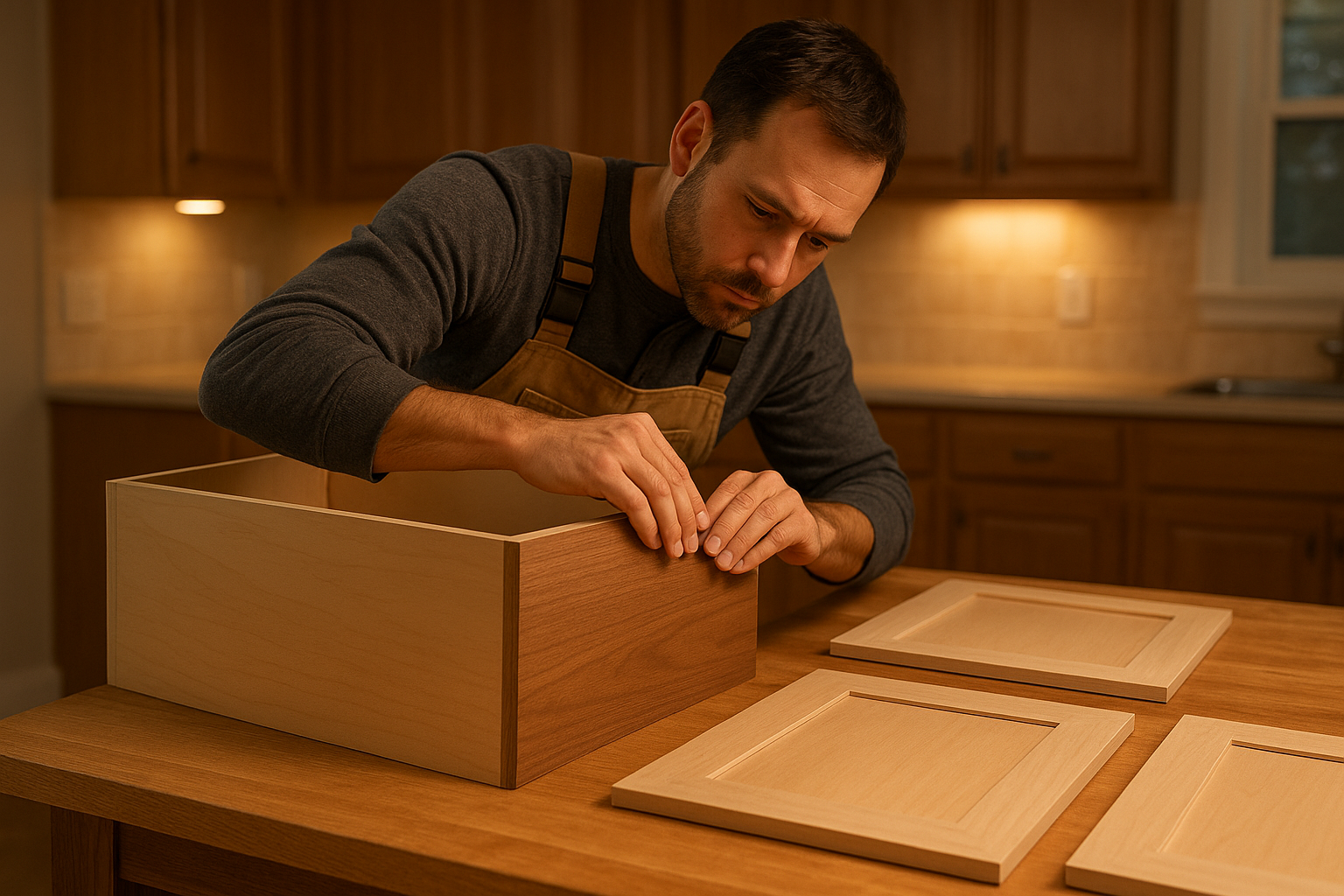 Professional installer applying veneer during Cincinnati kitchen cabinet refacing project