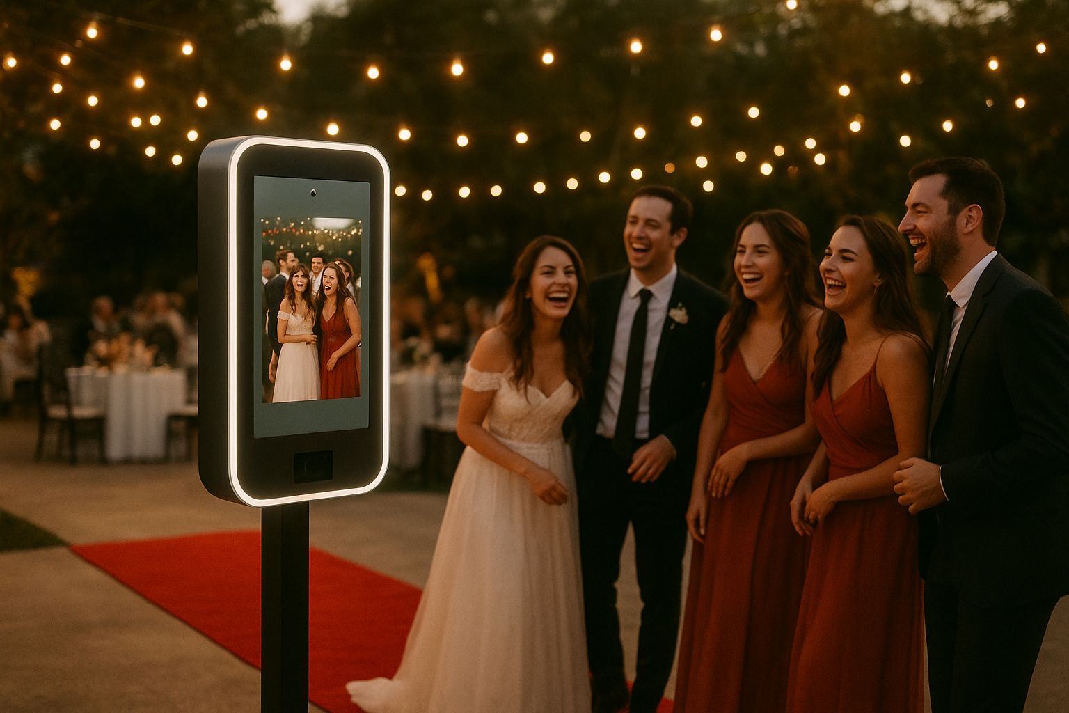Guests enjoying tristate photography at an evening wedding reception photo booth