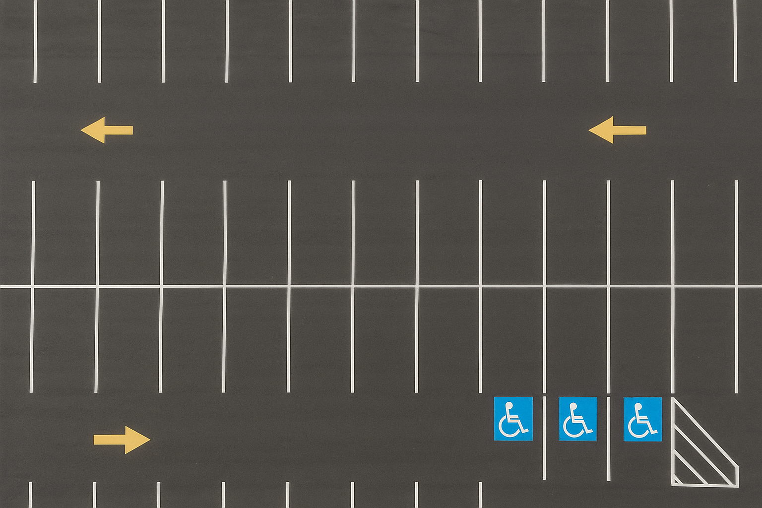 Aerial view of a parking lot with high-contrast directional arrows and ADA accessible stalls