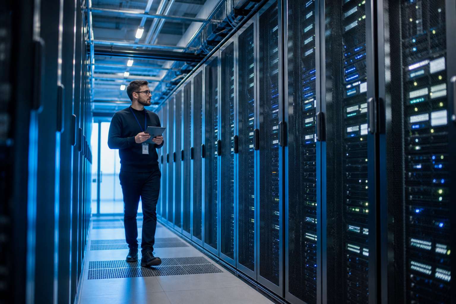 Technician walking through a data center that hosts secure AI infrastructure