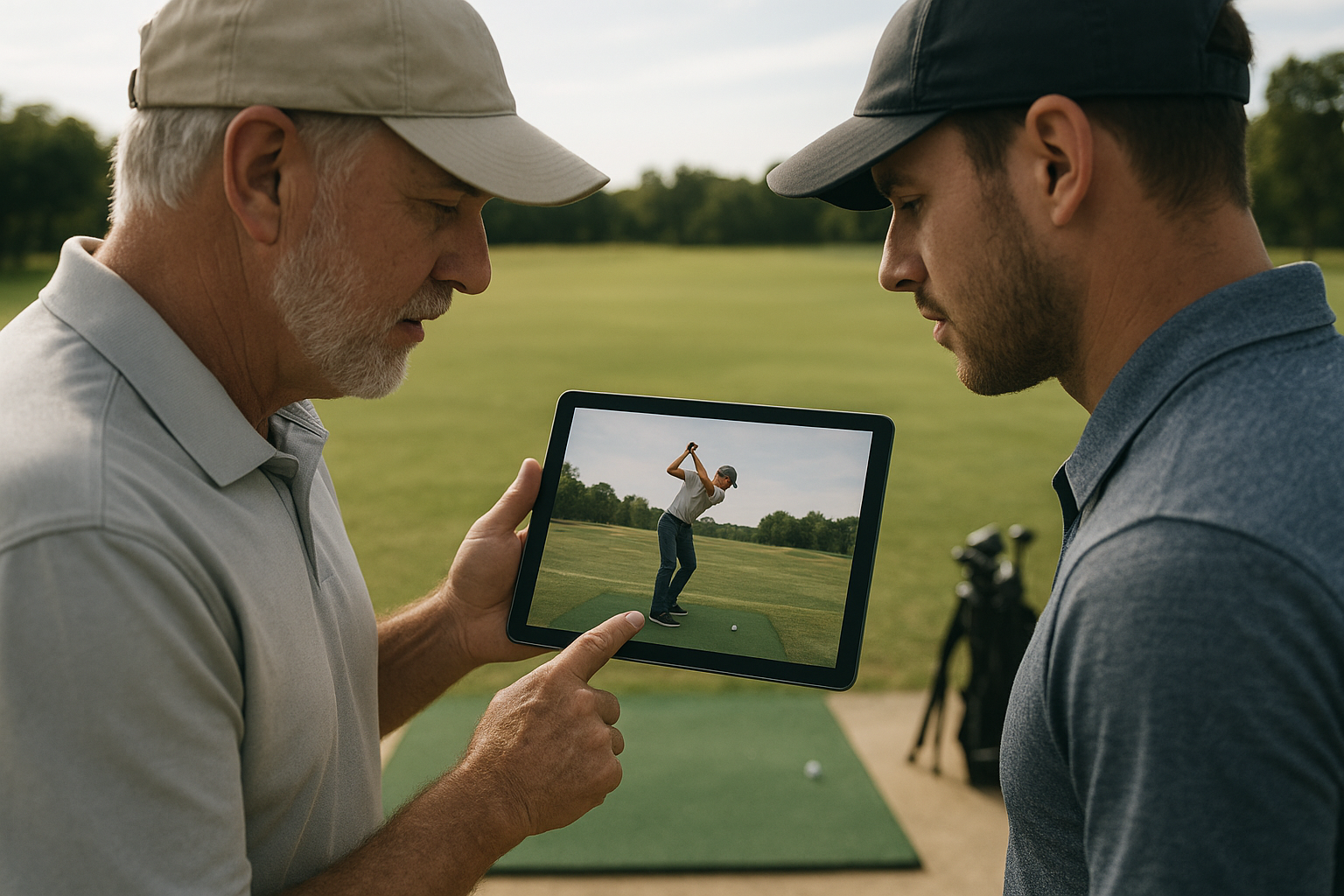 Coach and golfer reviewing biomechanical swing data during a training session