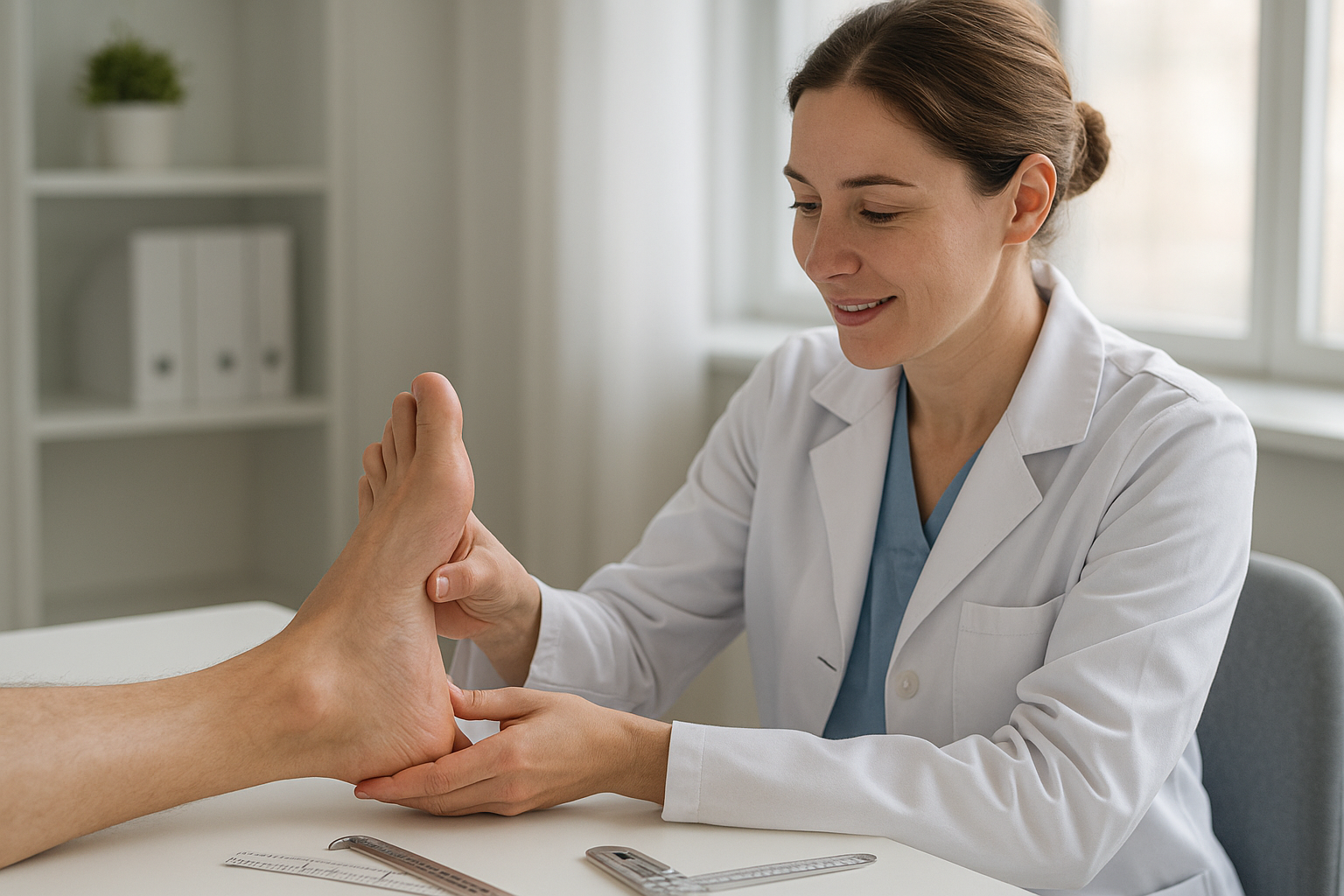 Podiatrist assessing foot arch before fitting custom orthotics