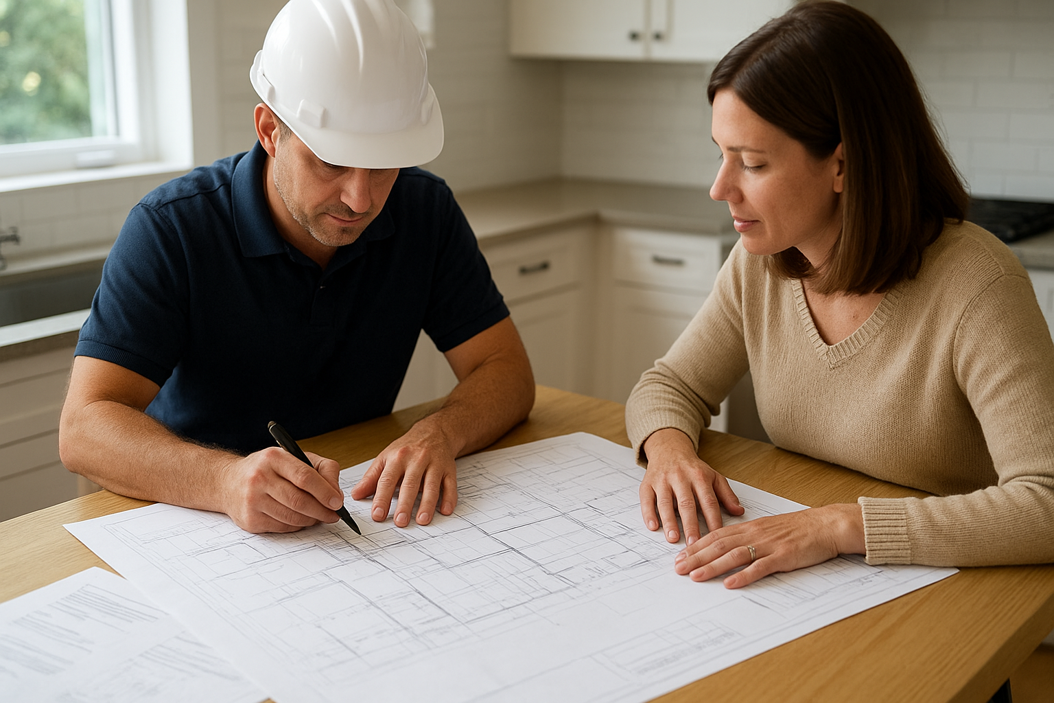 Homeowner reviewing ADU construction blueprints with a licensed SoCal contractor