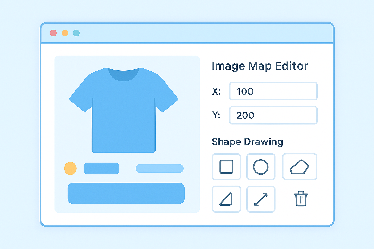 Online image-map editor tool interface showing visual hotspot drawing on a product image