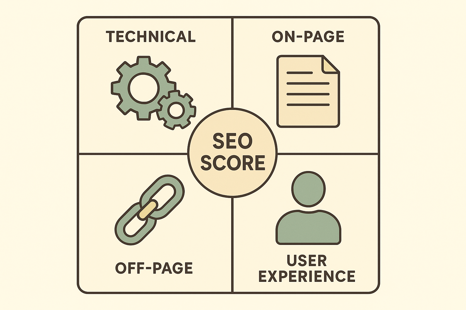 Infographic showing the four pillars that contribute to an overall website SEO score