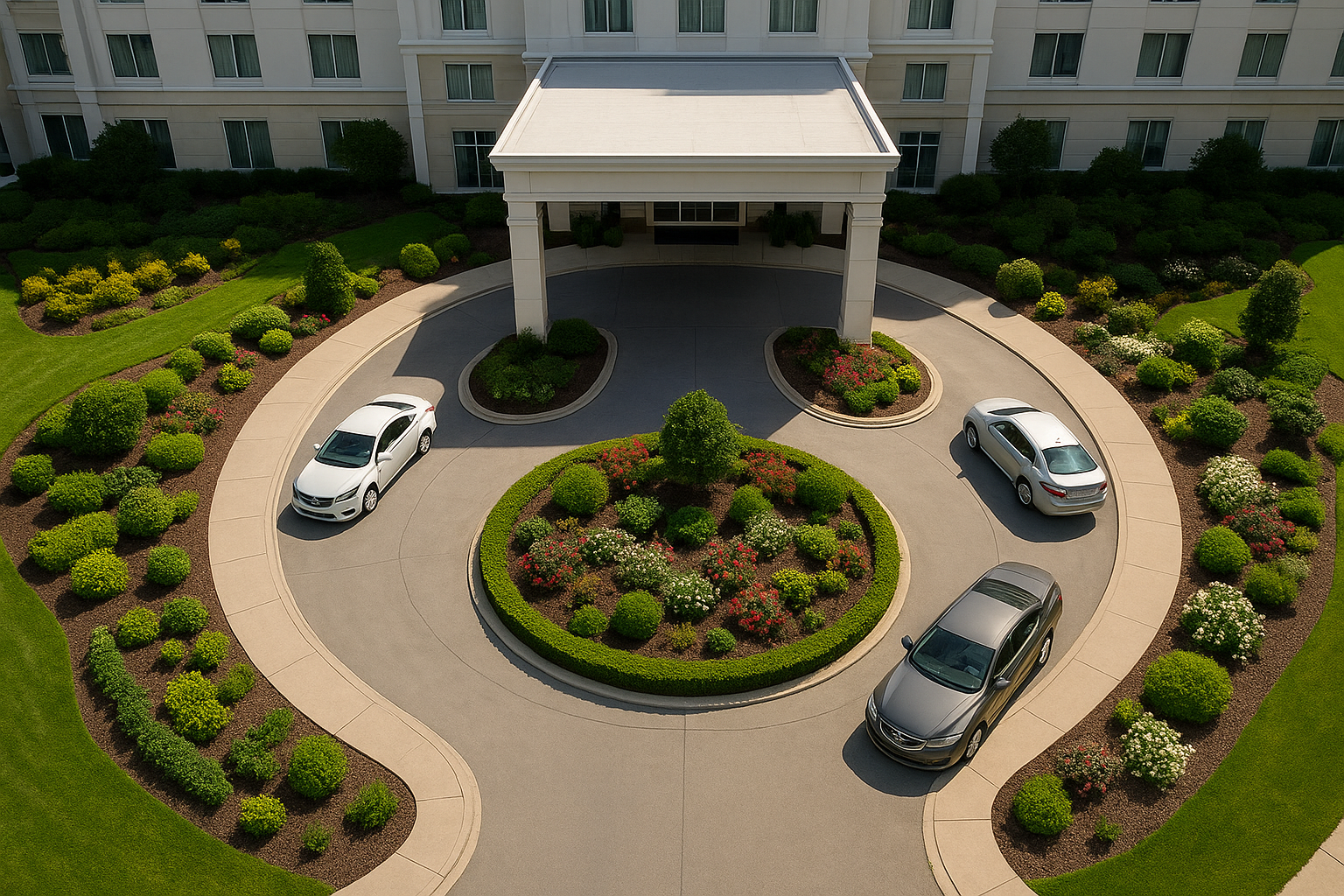 Overhead aerial photo of a hotel entrance and landscaped driveway