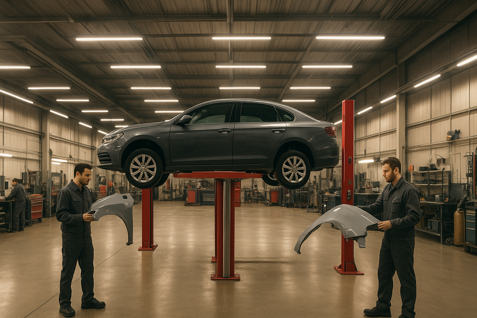 Certified technicians inspecting a vehicle inside a California auto body shop