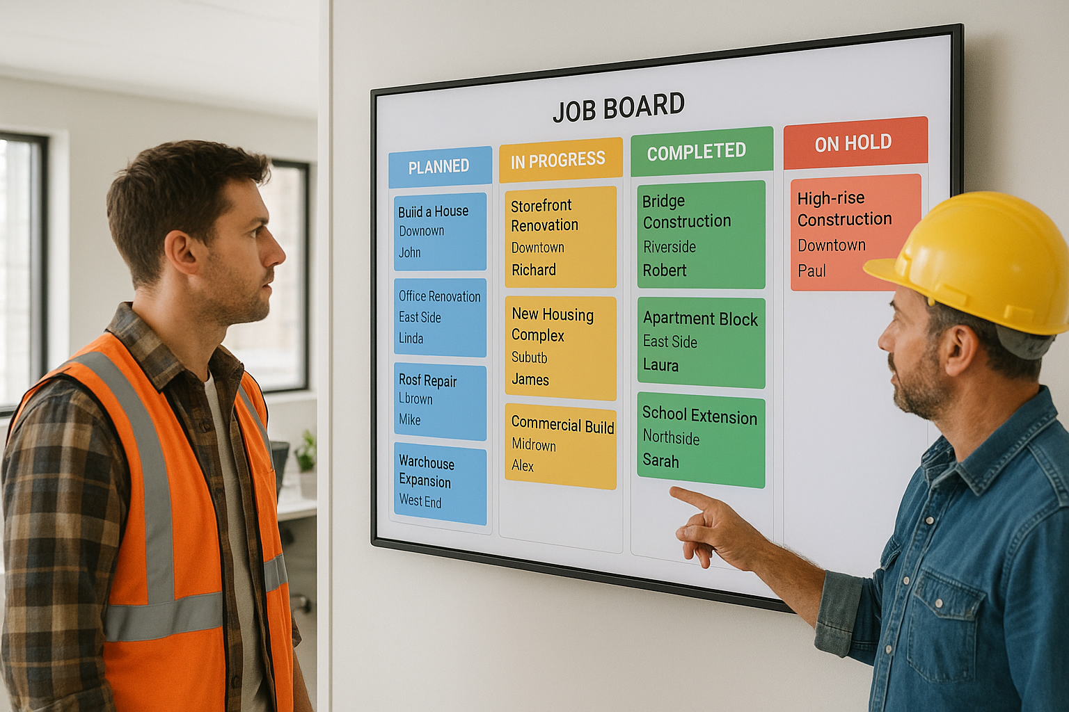 Office team reviewing a TV job board for production milestones
