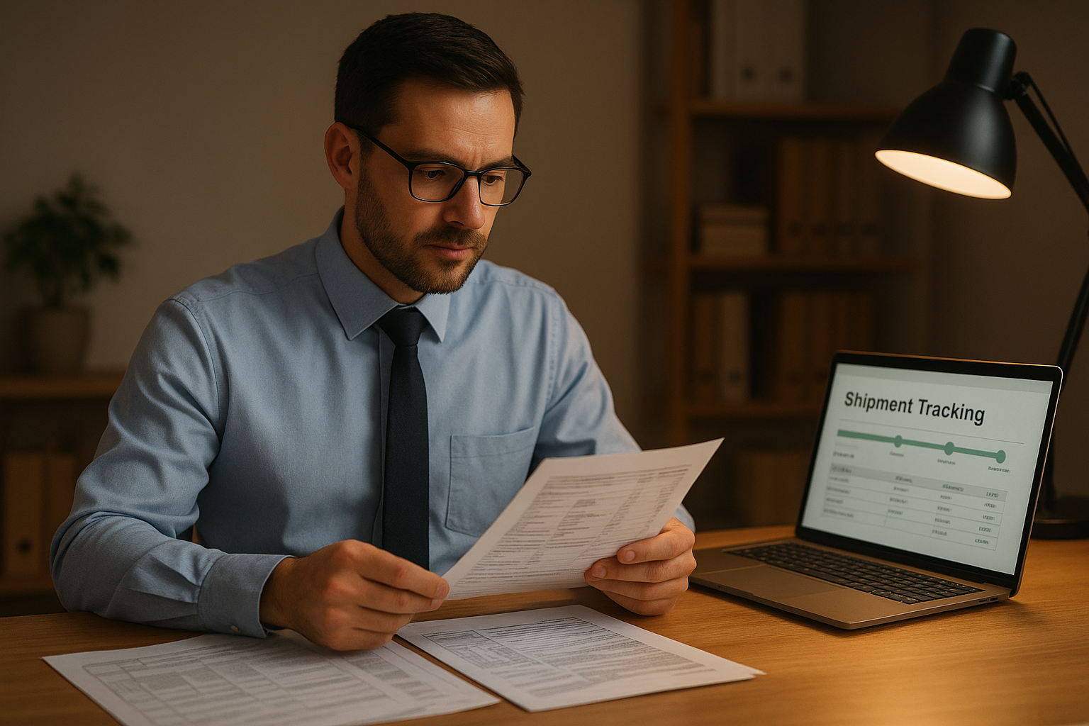 Logistics professional reviewing freight paperwork representing career growth beyond warehouse roles