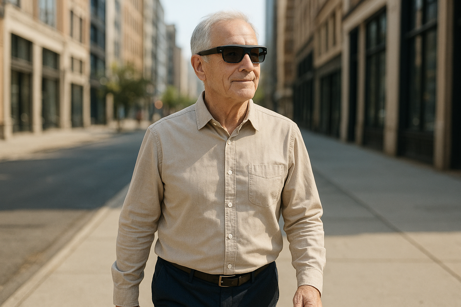 Older adult using assistive smart glasses to navigate a city sidewalk independently