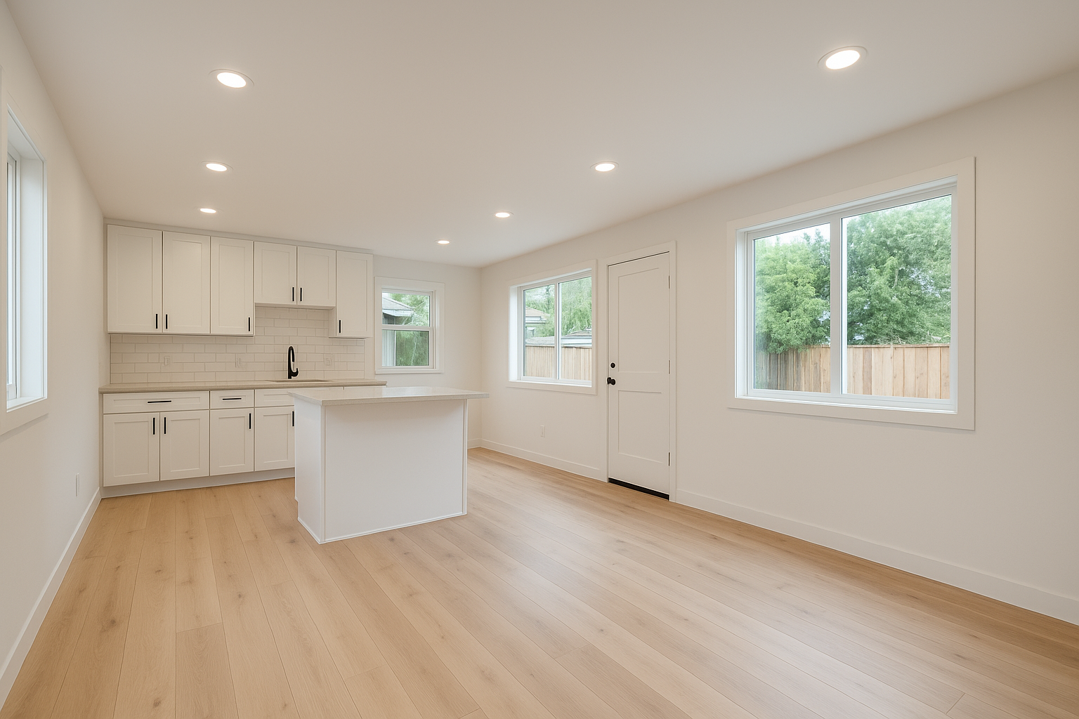 Completed ADU interior converted from a garage with modern kitchen and wood flooring