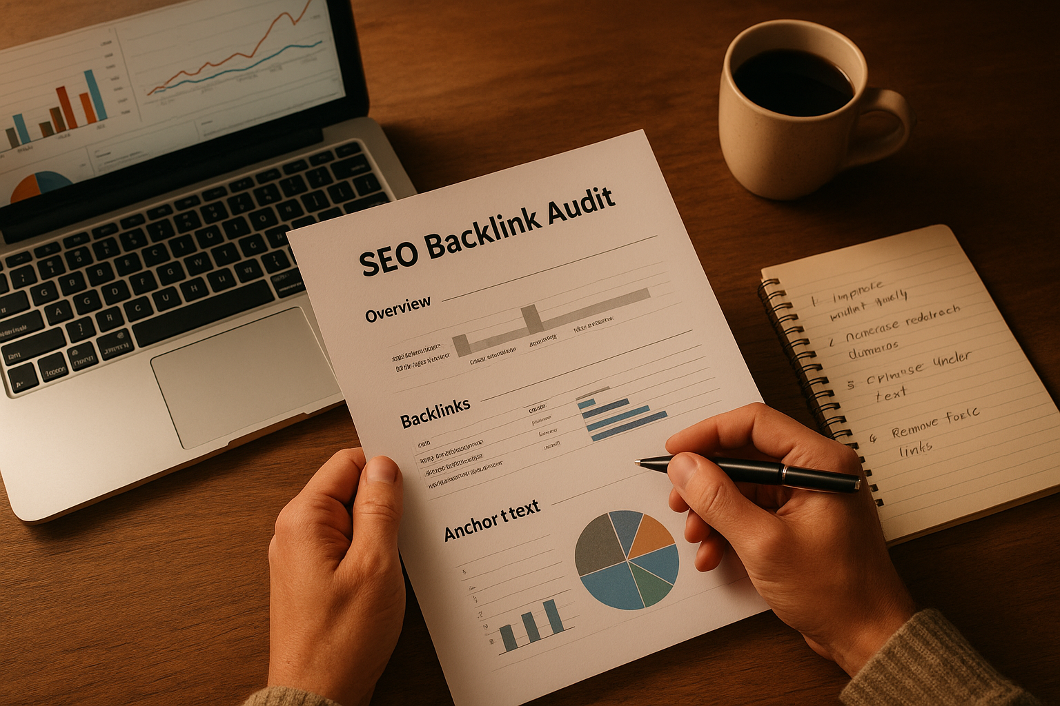 SEO professional reviewing a printed backlink audit report at a desk