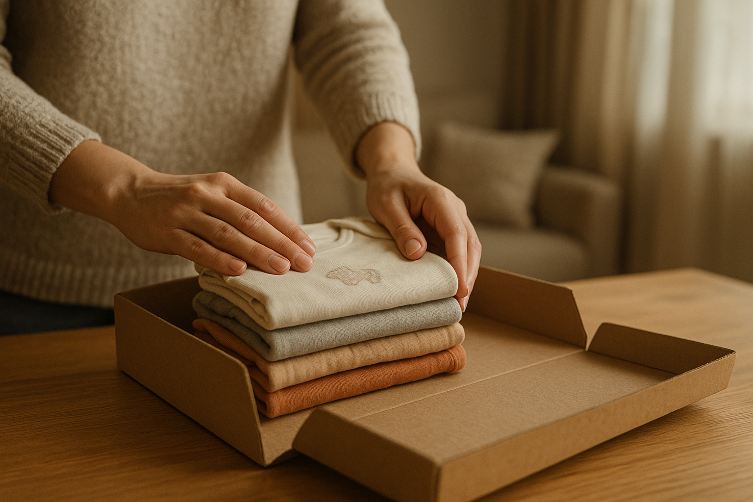 Parent packing a swap box as part of a rotating children's clothing membership