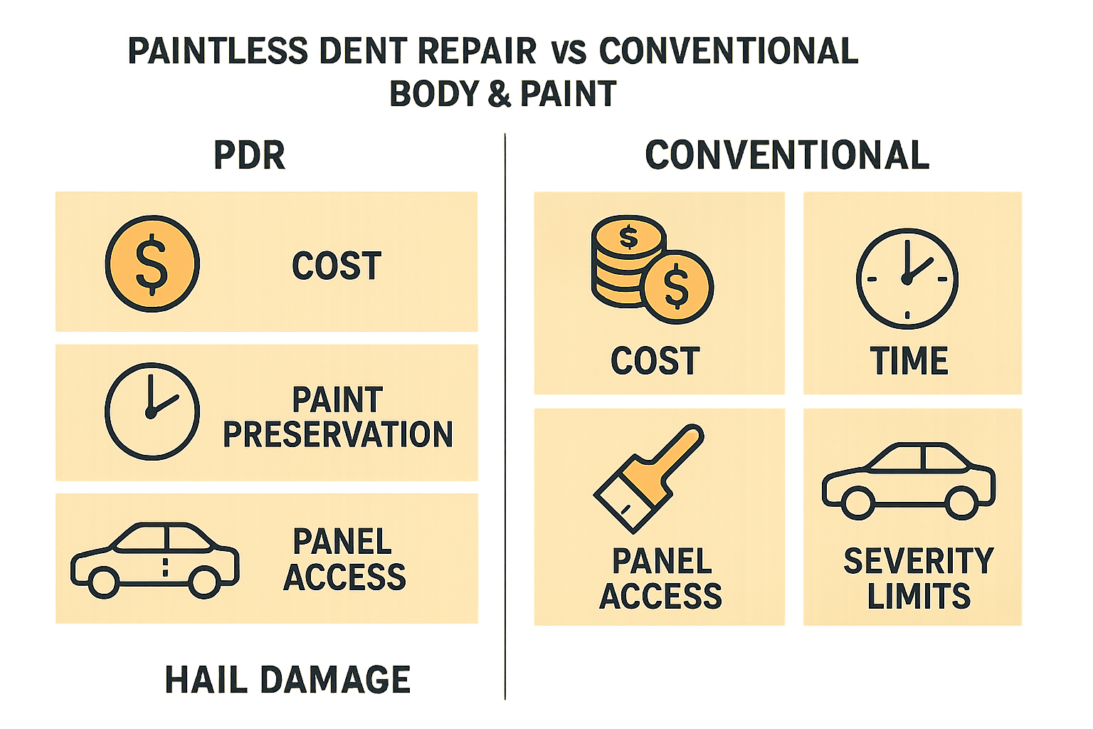 Infographic comparing PDR and conventional hail repair methods