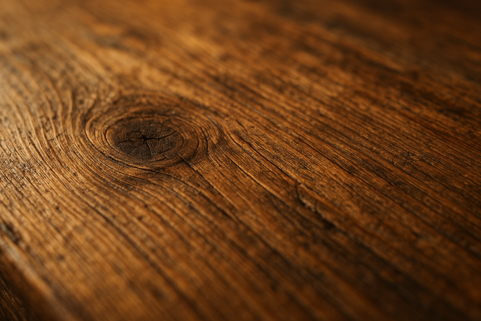 Close-up of reclaimed wood grain and natural knots on a solid wood tabletop
