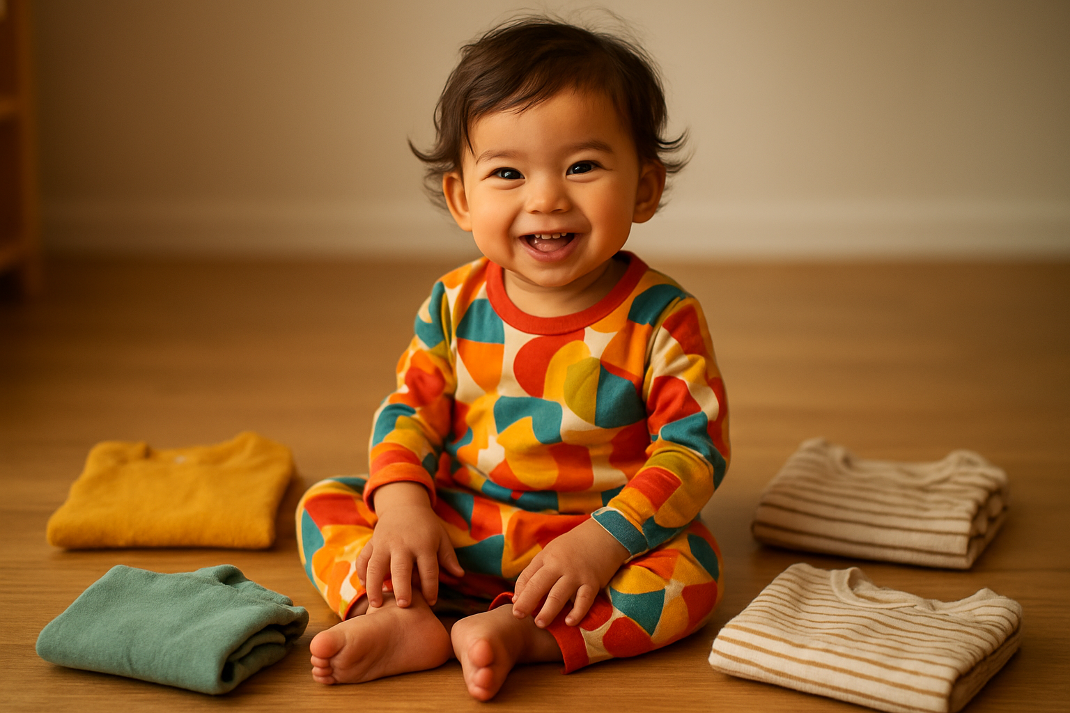 Happy toddler wearing a bright outfit from a monthly kids clothing rental subscription