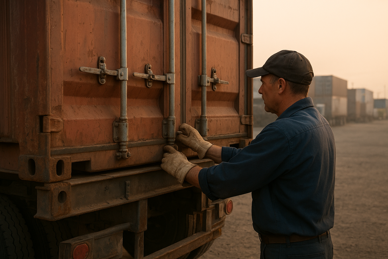 Truck driver securing cargo doors before an intermodal shipment