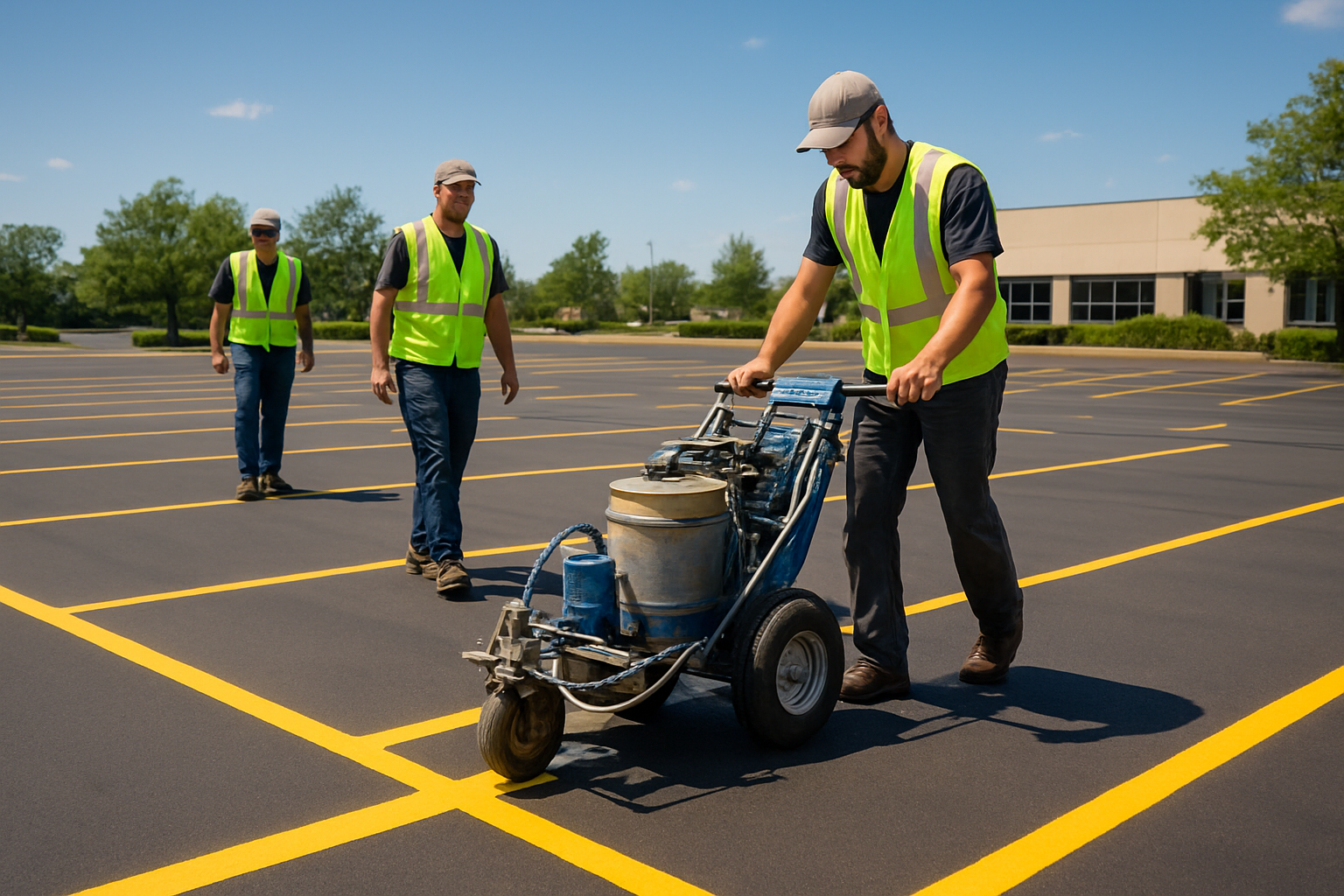 Crew performing traffic marking and striping on a commercial parking lot