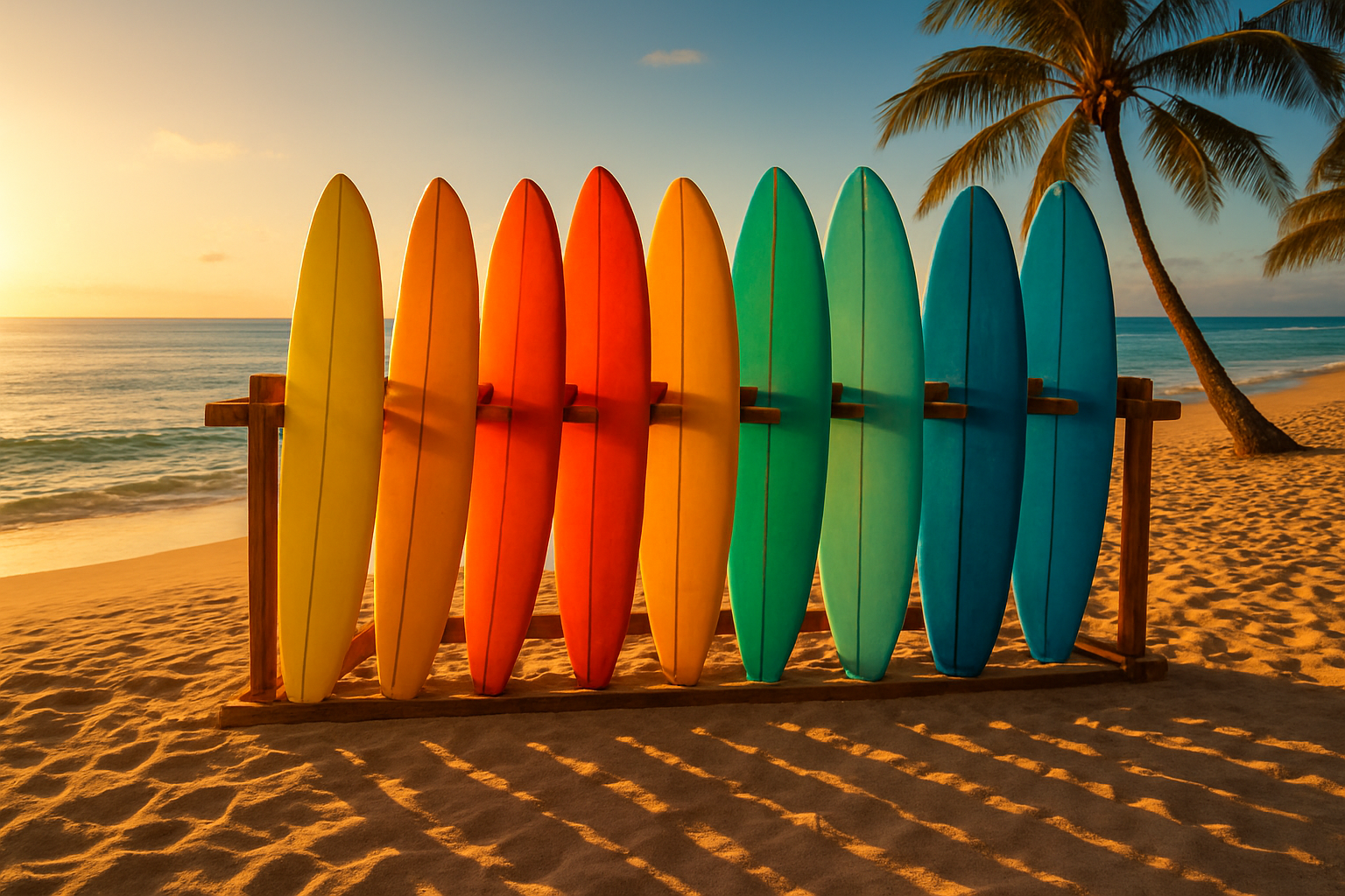 Colorful foam surfboards available for surf board hire at Waikiki Beach