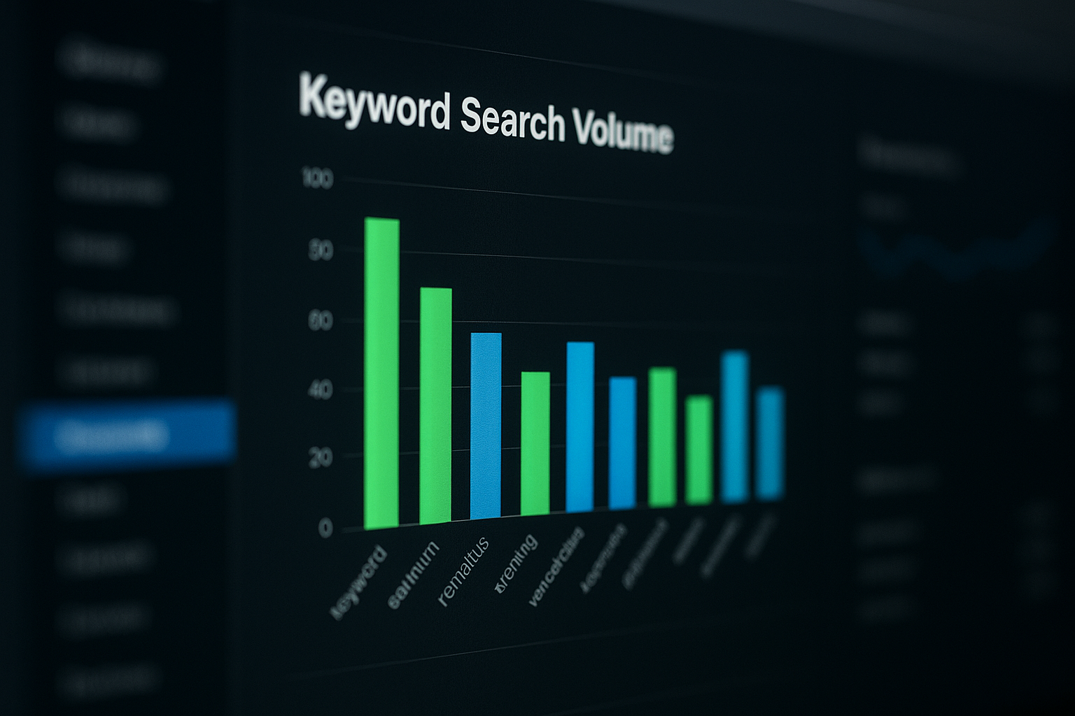 Keyword search volume bar chart displayed on a computer screen for SEO analysis