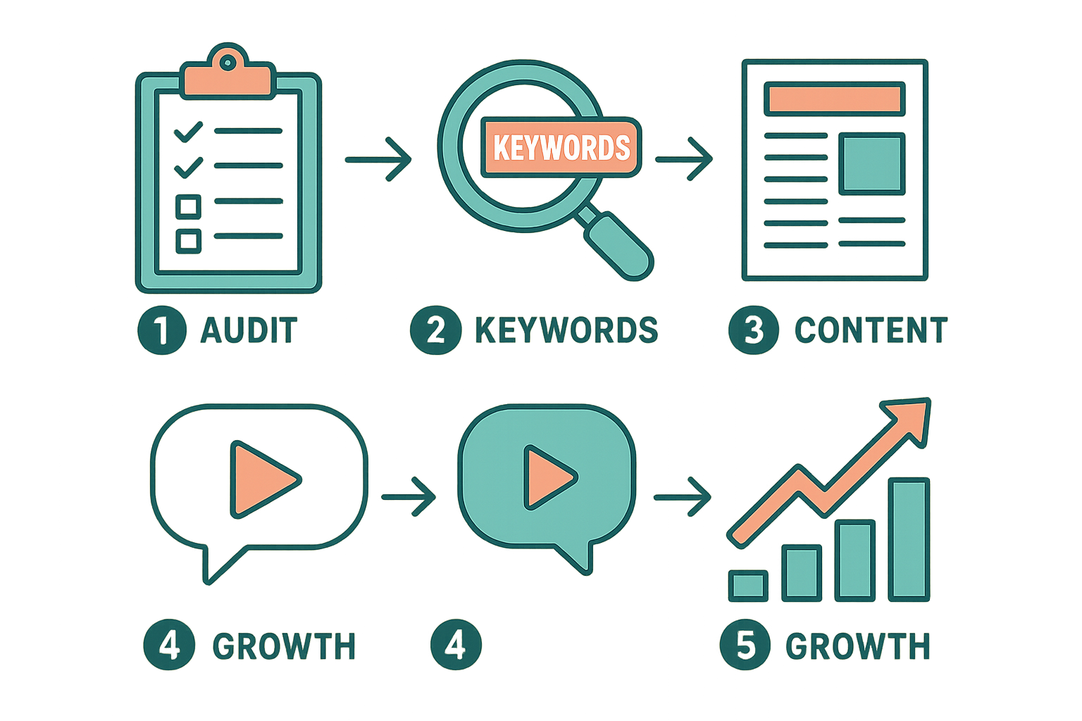 Five-step process illustrating simple SEO strategy for small business growth