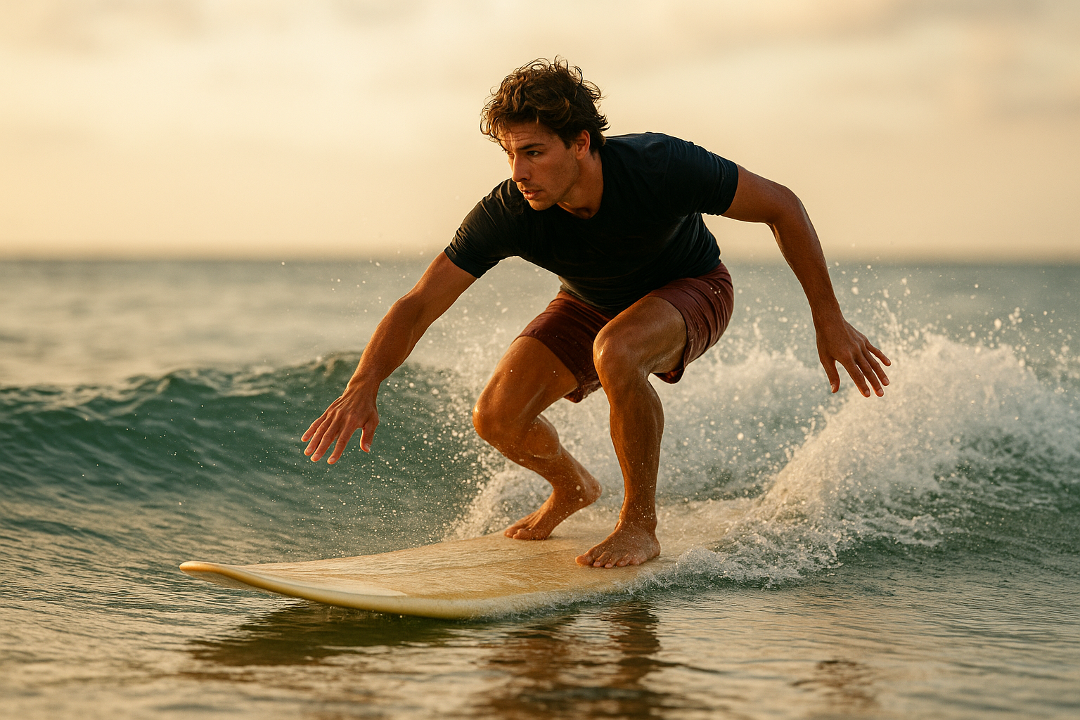 Surfer performing the pop-up technique on a longboard while catching a small beginner wave