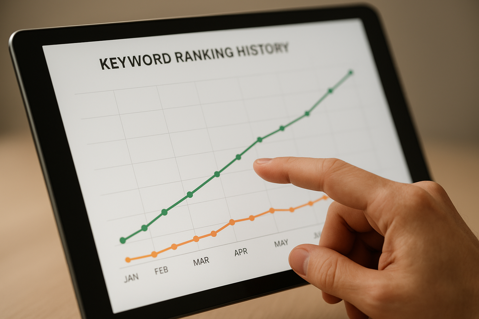 SEO professional analyzing keyword ranking history trends on a tablet screen