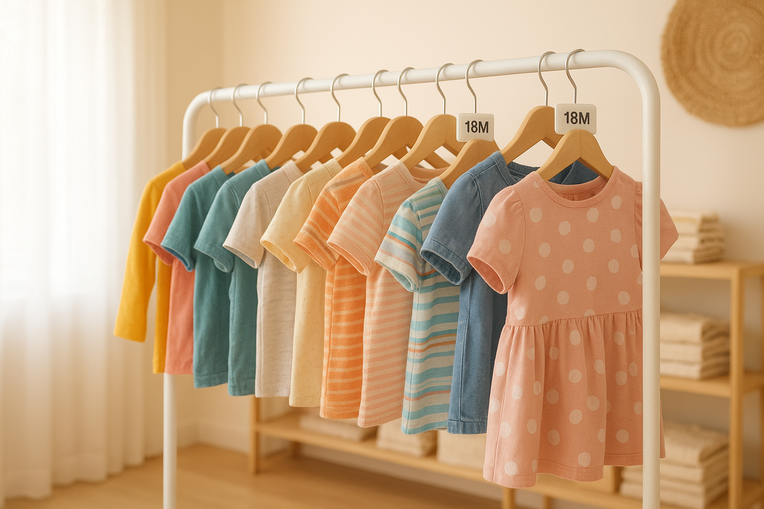 Rack of curated children's clothing sizes used in a rental subscription service