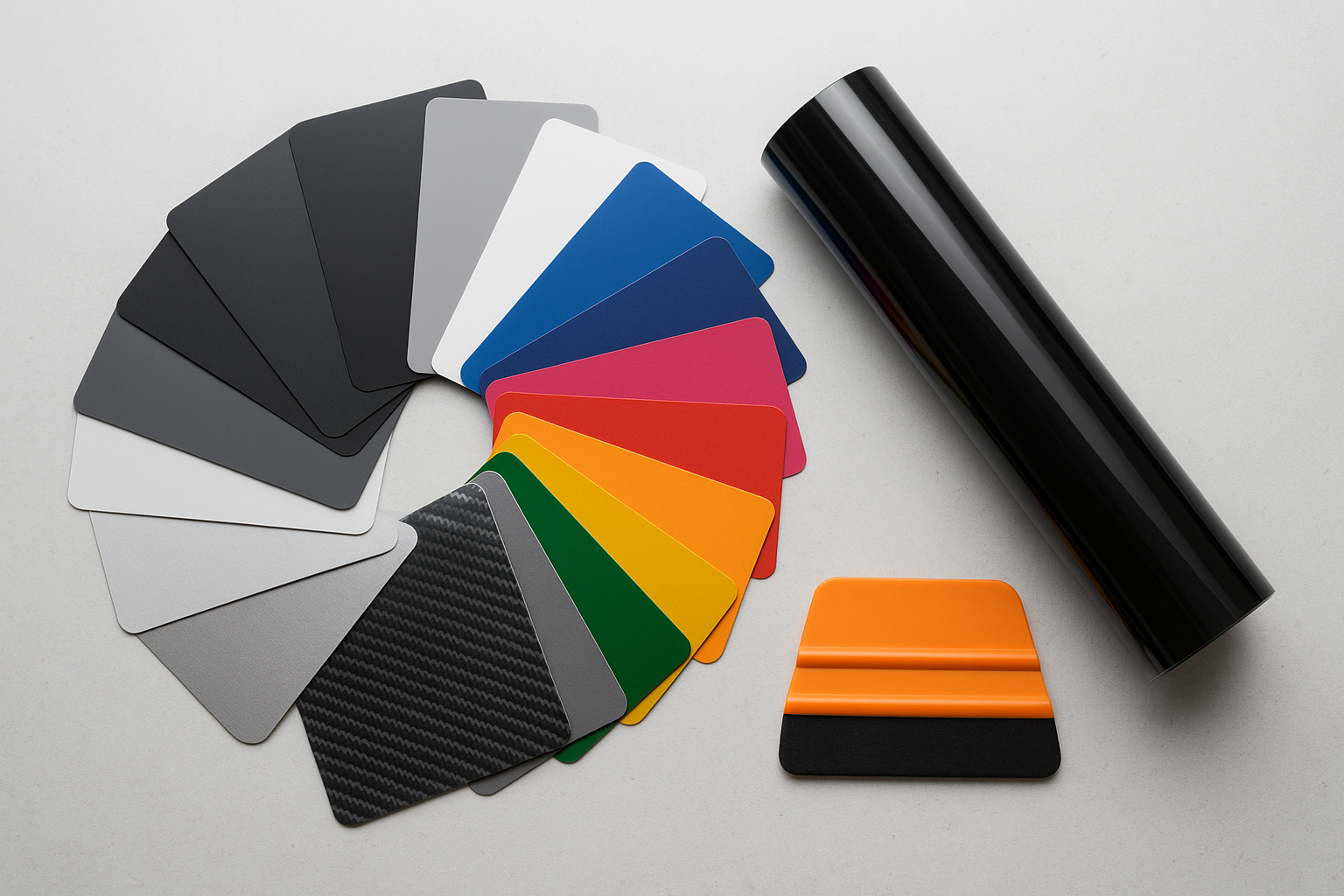 Vinyl wrap color swatches and ceramic tint film samples on a workbench