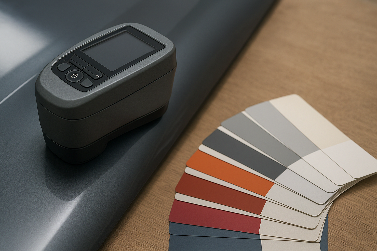 Spectrophotometer tool used for OEM paint matching on a foreign vehicle panel