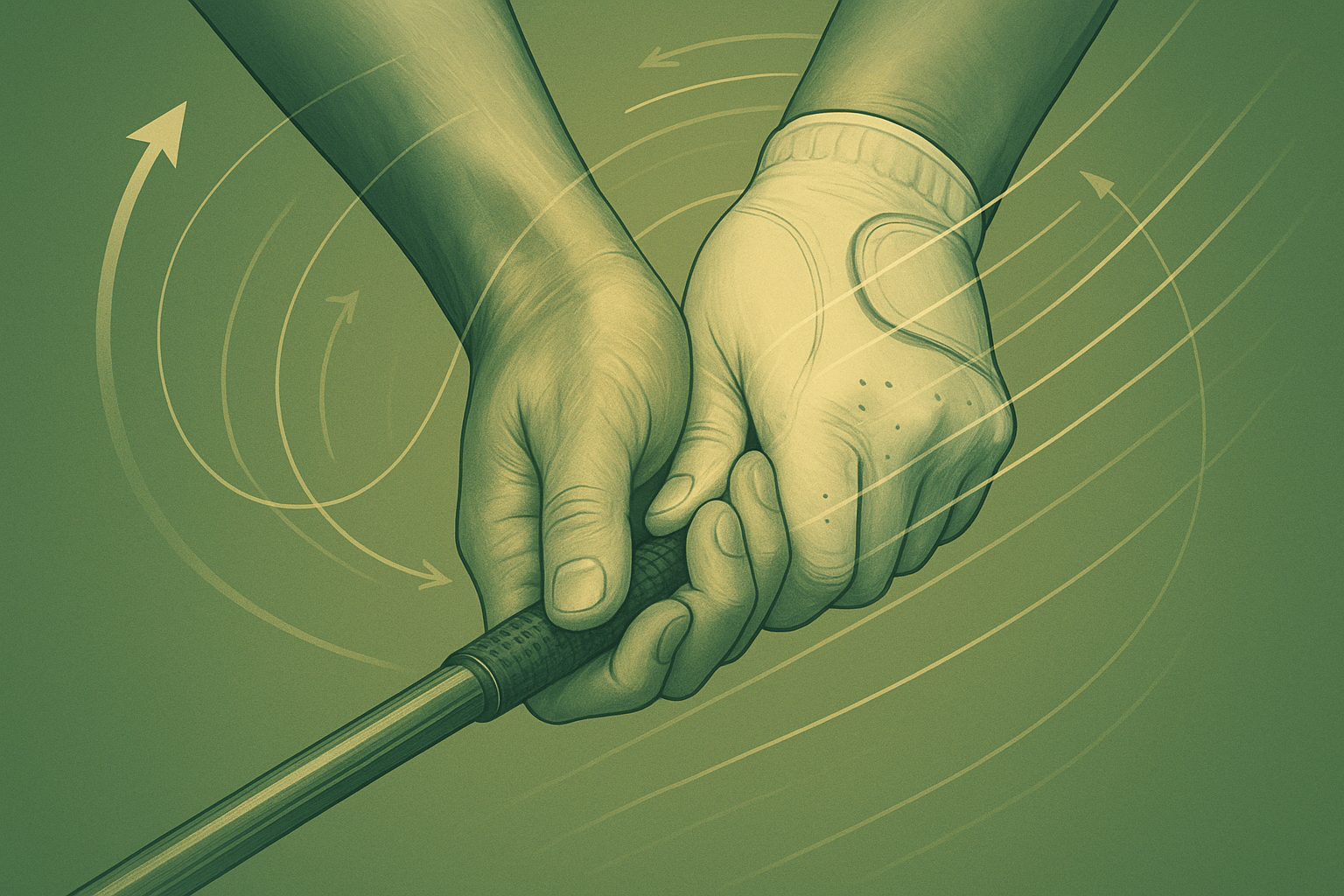 Close-up of a golfer's grip with biomechanical motion lines illustrating swing mechanics used in coaching feedback