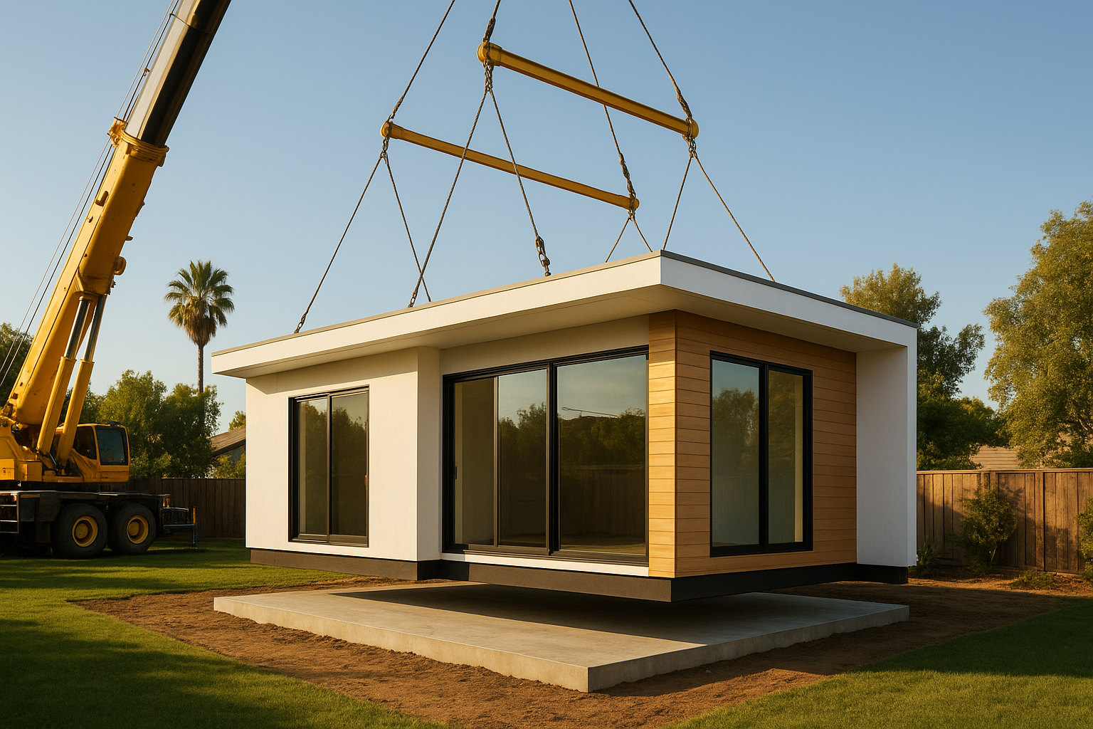 Crane installing one of many California prefab houses onto a backyard foundation