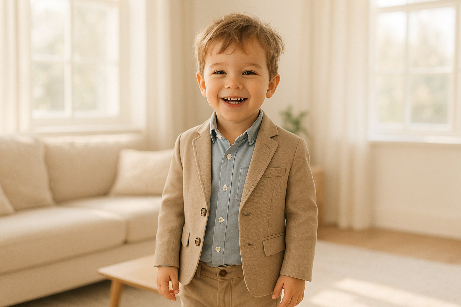 Happy young child wearing a stylish outfit received from a kids clothing subscription service in a bright living room