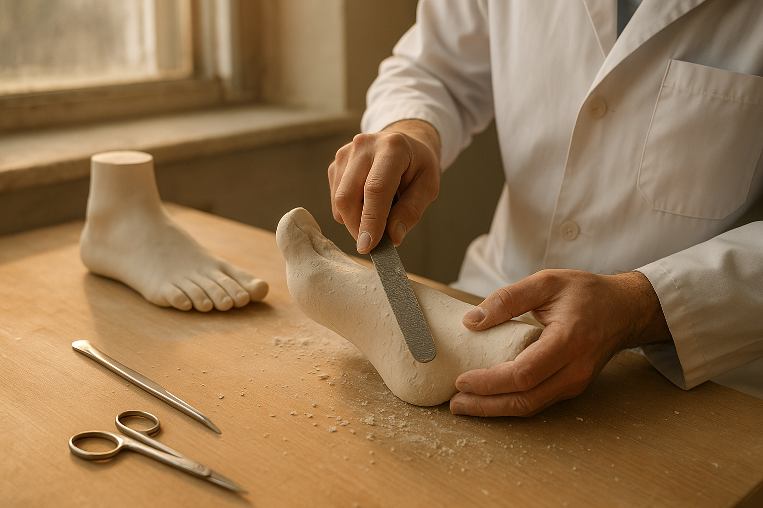 Podiatrist shaping a custom foot mold used to fabricate personalized orthotic insoles