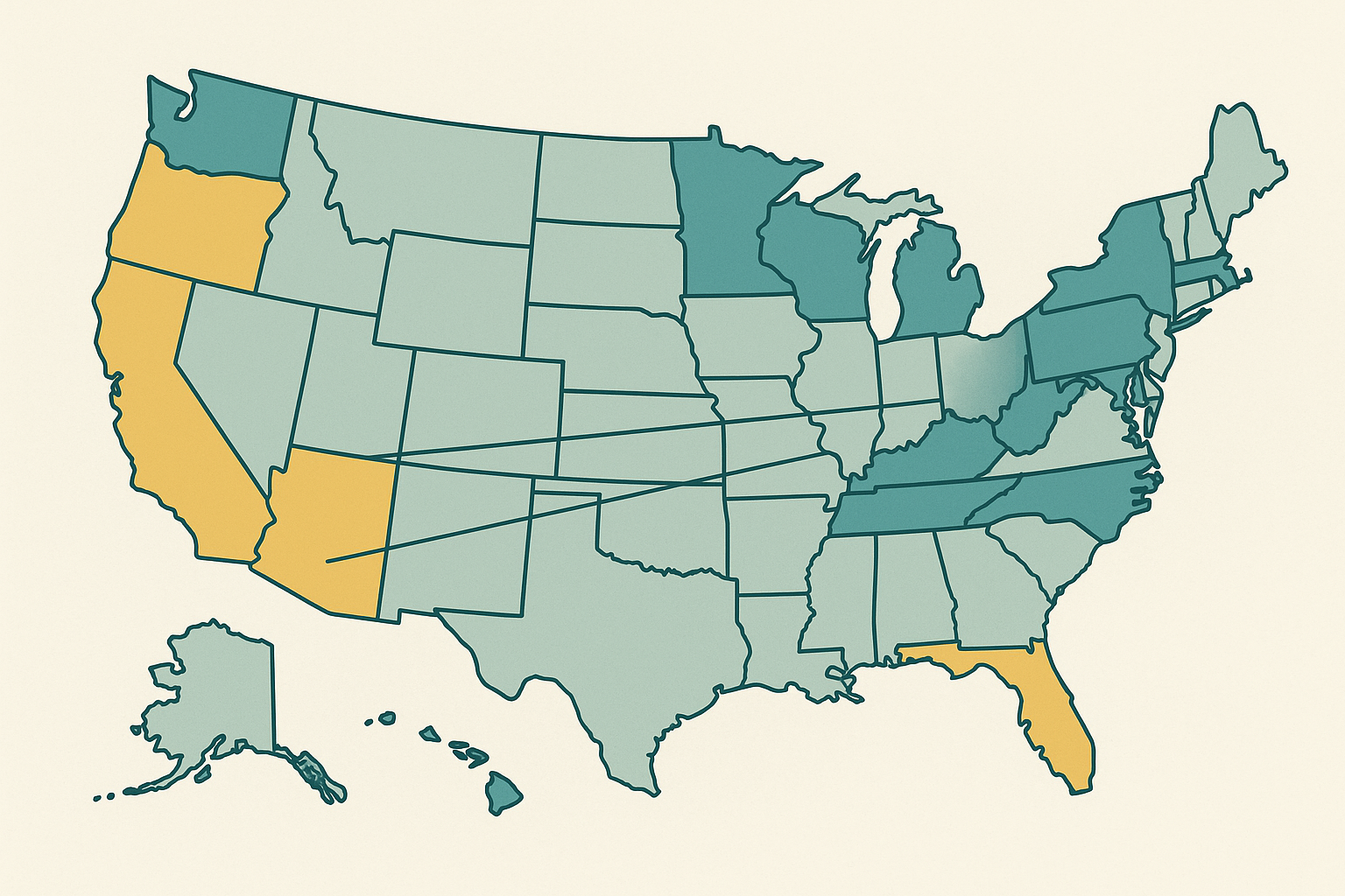 Map illustration representing varying state licensing board supervision requirements
