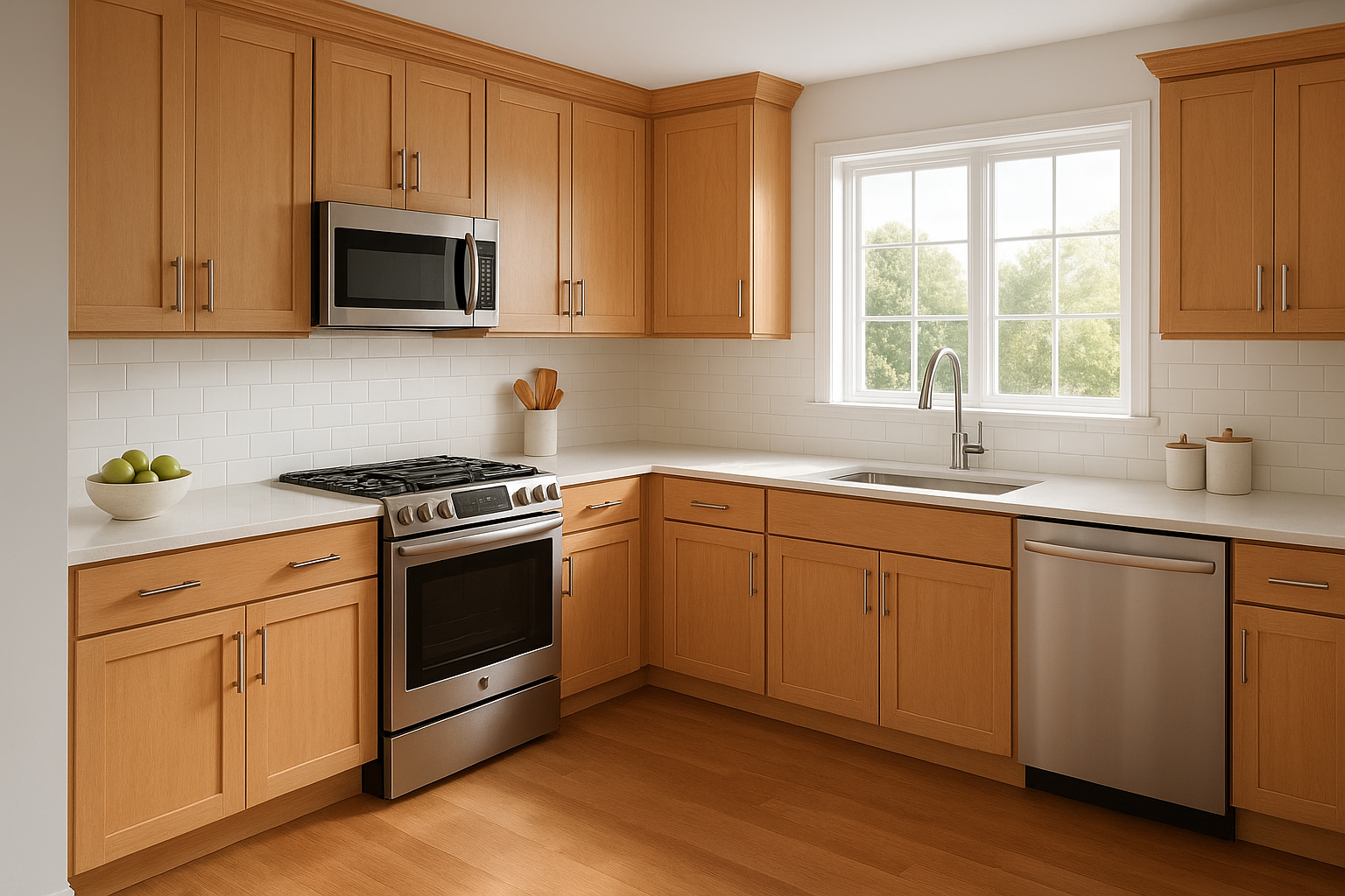Bright modern kitchen with newly installed cabinet doors representing the finished result of a refacing project