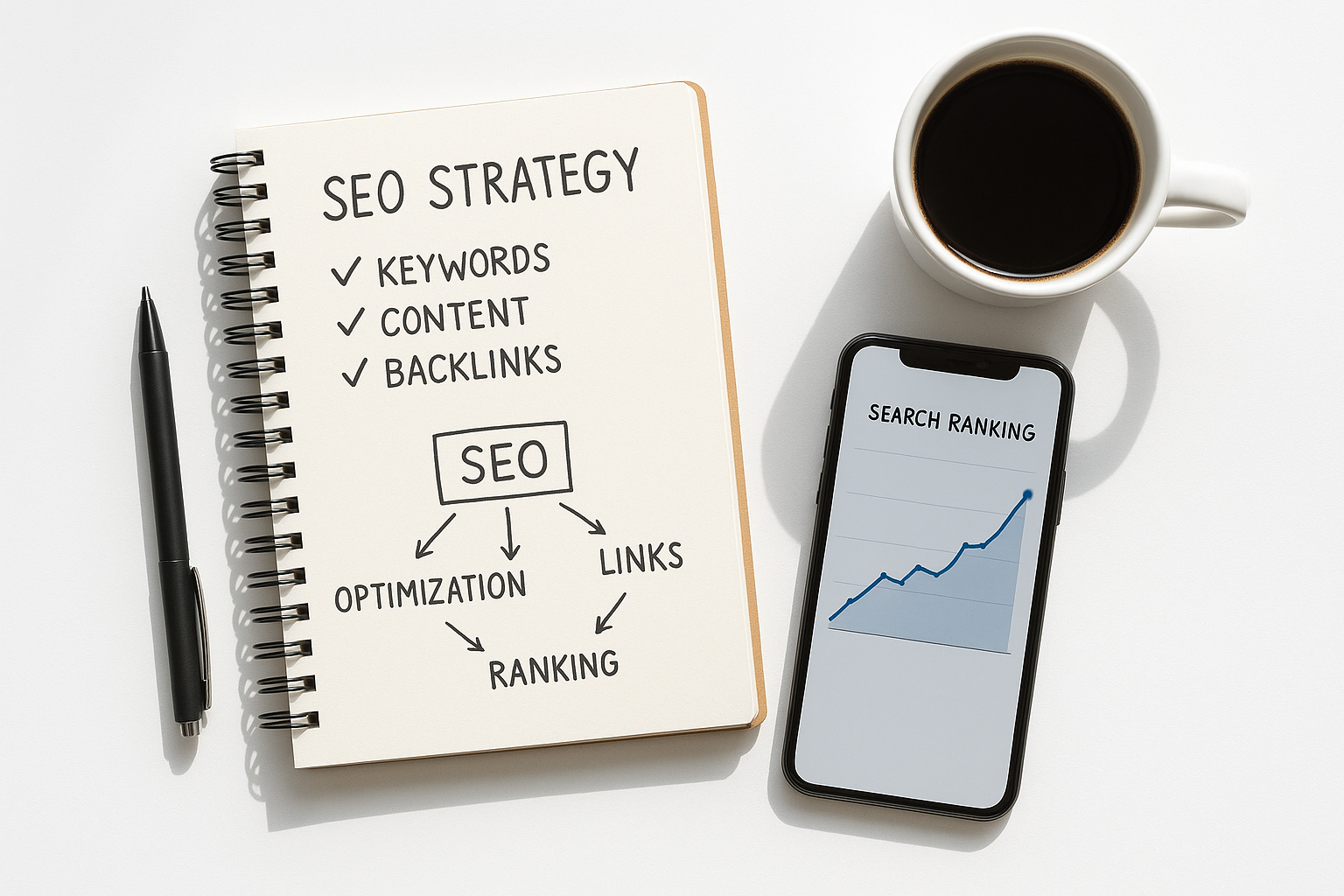 SEO strategy planning notebook alongside search ranking tool data on a smartphone