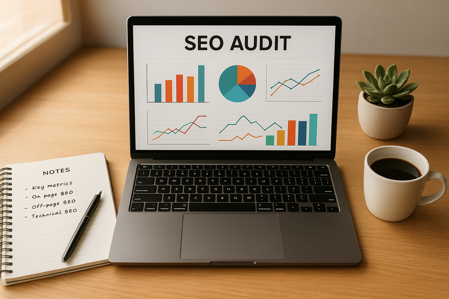 Laptop displaying SEO audit results after using tools to crawl websites, on a clean professional desk