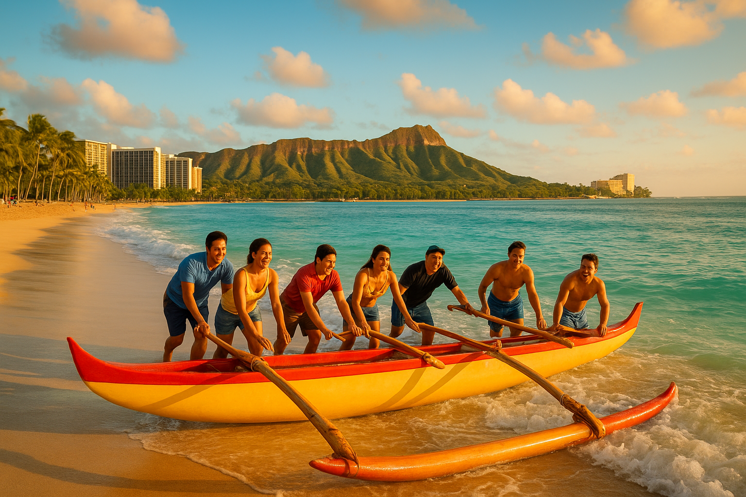 Star Beachboys Waikiki outrigger canoe launch into turquoise Waikiki surf