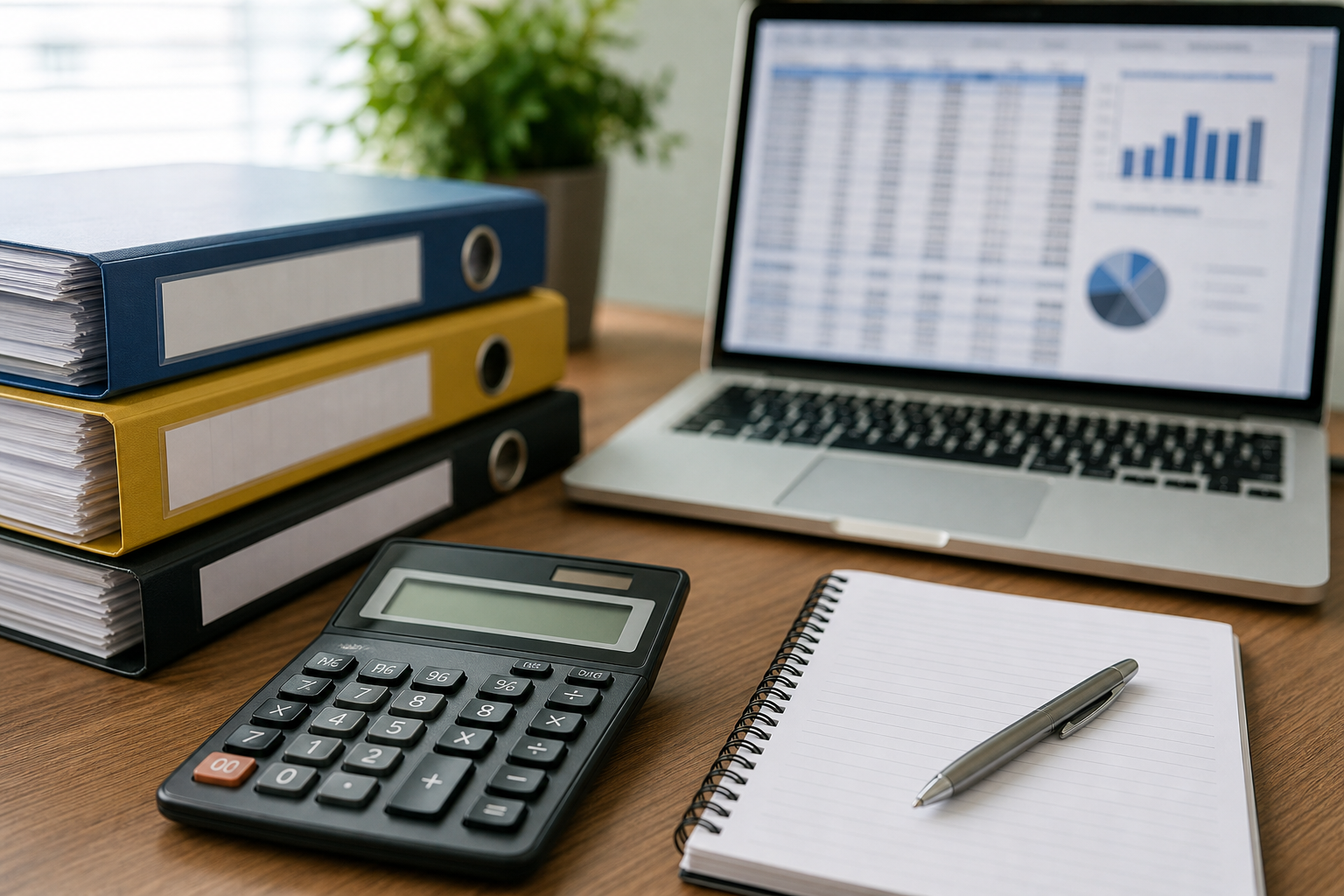 Organized financial documents and laptop used for business tax strategy planning