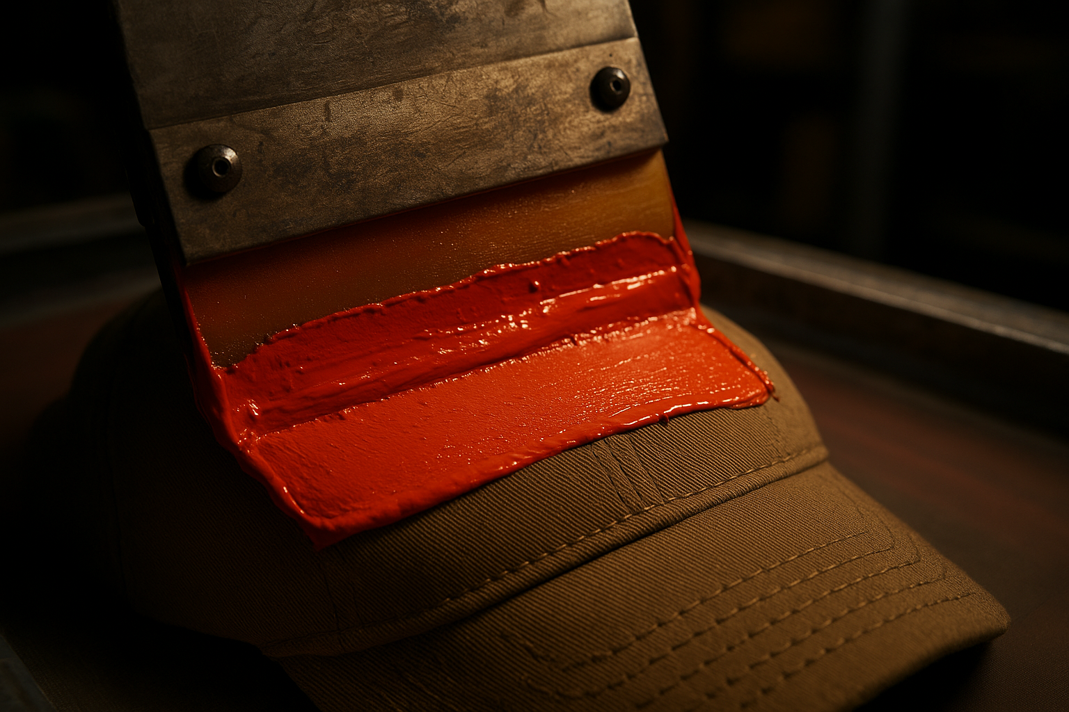 Close-up of the screen printing process applying ink onto cap fabric during headwear production