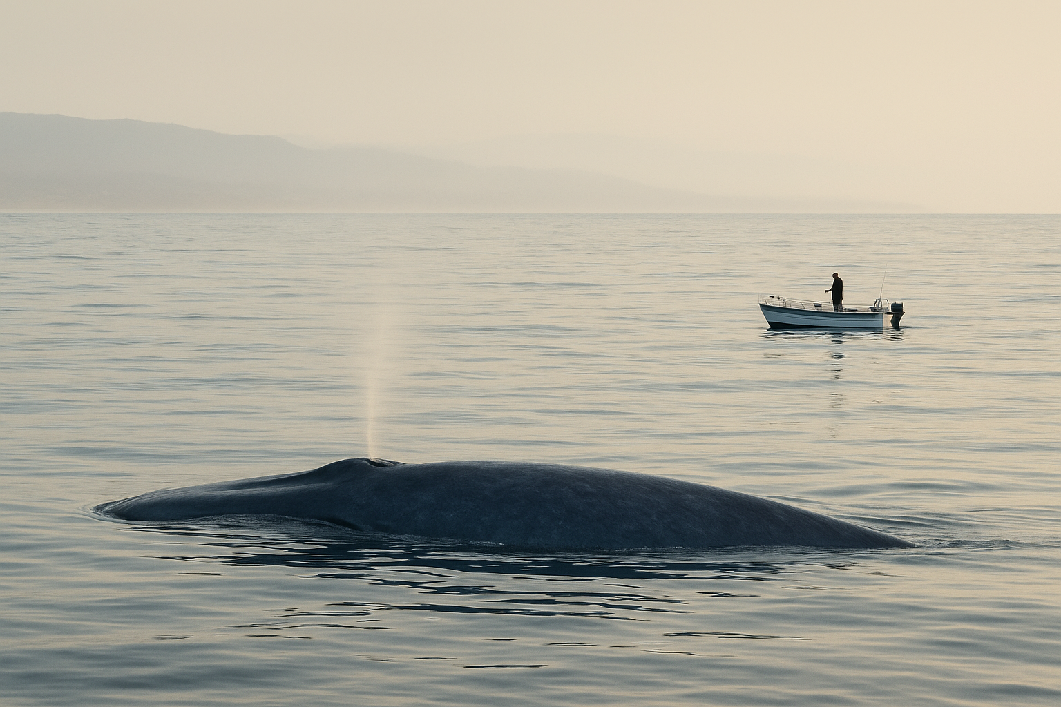 Blue whale surfacing near a small boat during a San Diego blue whale watching tour