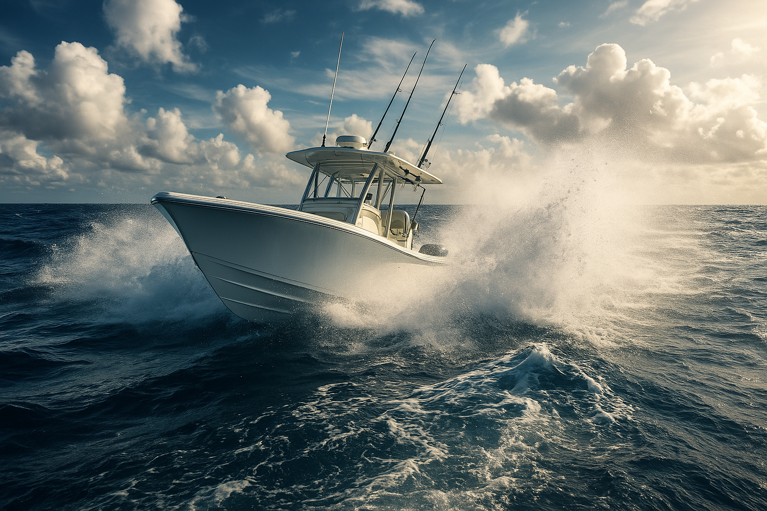 Offshore center console fishing boat running through Atlantic swells toward the Gulf Stream