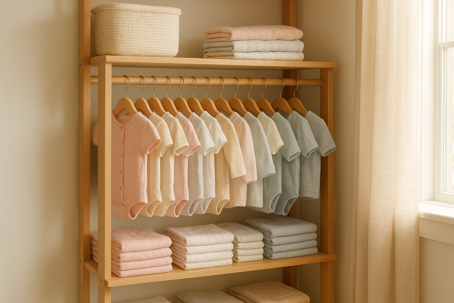 Rotating wardrobe of clothing from a reliable kids clothing rental service organized on shelves